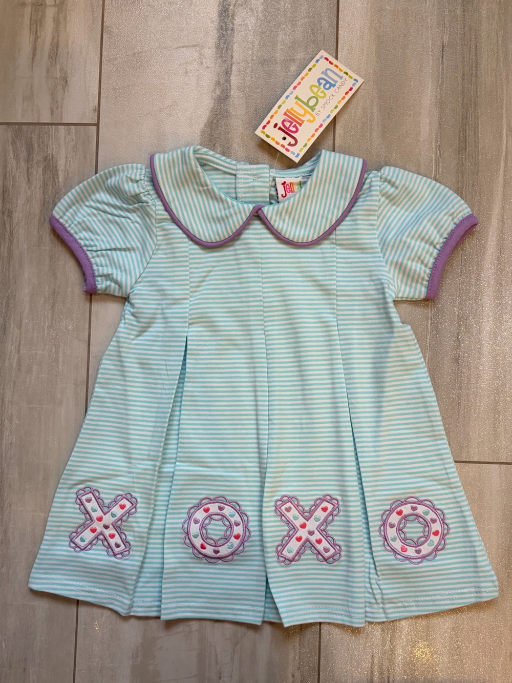 NWT JellyBean Aqua Stripe Puff Sleeve XOXO Embroidered Collared Dress Girls 12M